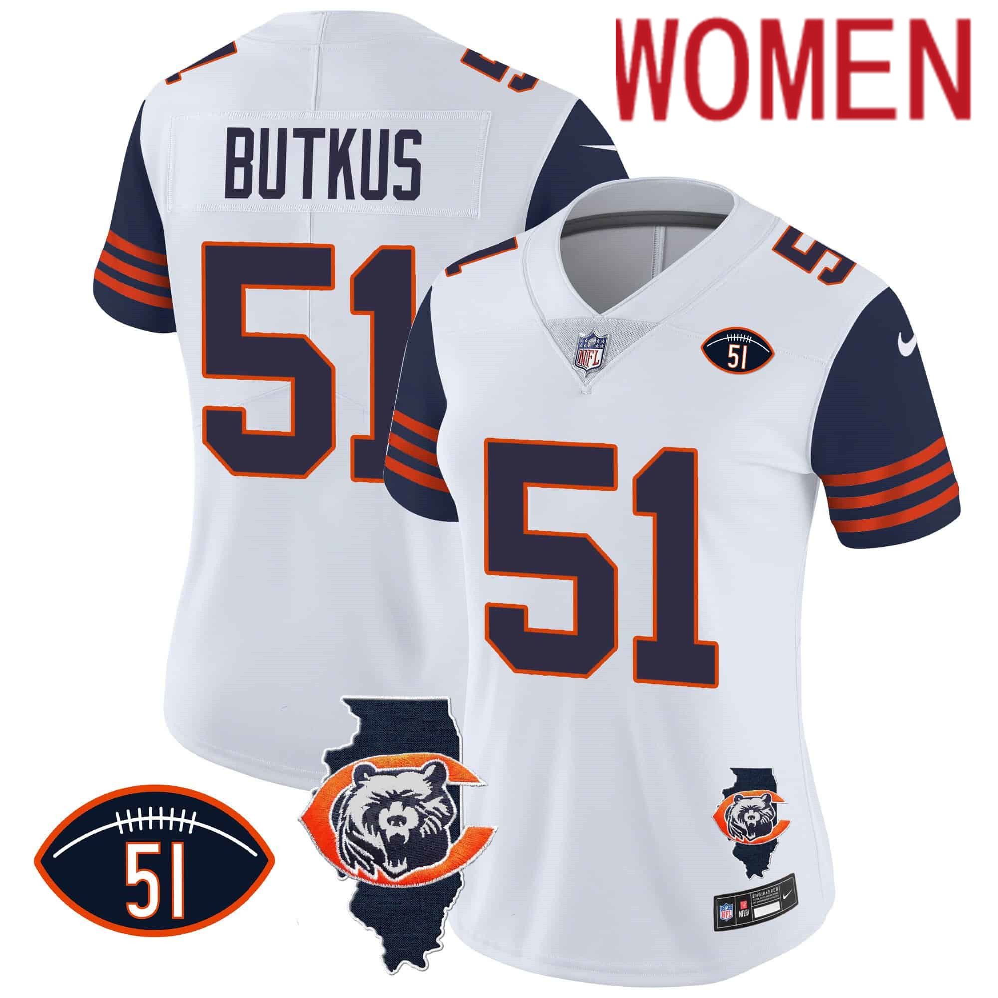 Women Chicago Bears #51 Butkus White 2024 Nike Throwback Illinois Patch Vapor NFL Jersey style 1